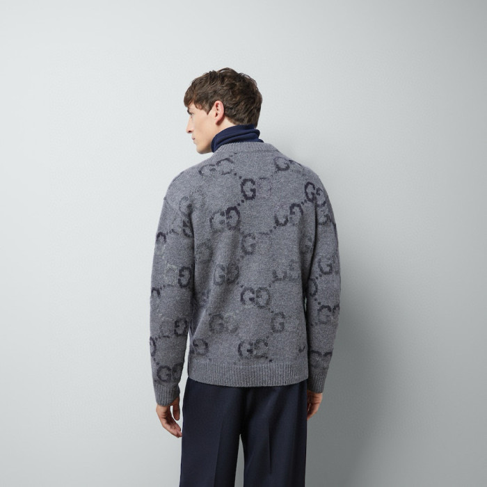 NIGO Gucci Men's Spring and Autumn Grey Pattern Appliquéd Single Breasted V-neck long Sleeved Knit Wool Cardigan With GG Intarsia #nigo97794