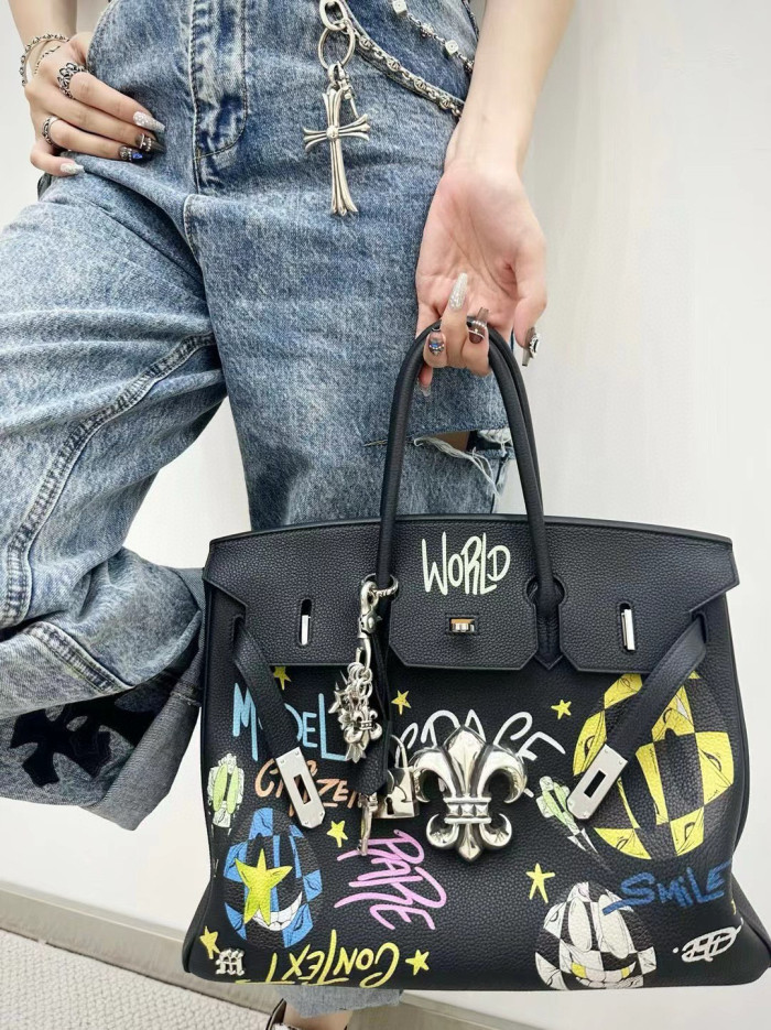 NIGO Chrome Hearts X Hermes X Graffiti Ladies Graffiti Pattern Metal Buckle Leather Tote Bag #nigo97796