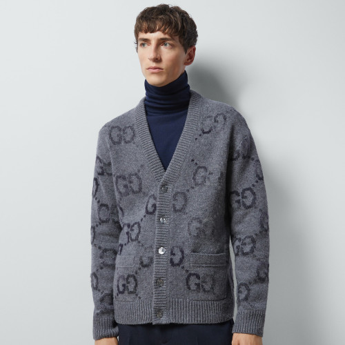 NIGO Gucci Men's Spring and Autumn Grey Pattern Appliquéd Single Breasted V-neck long Sleeved Knit Wool Cardigan With GG Intarsia #nigo97794