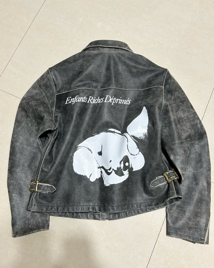 NIGO Enfants Riches Deprimes Men's Fall/Winter Lapel Pocket Zipper Black Printed Fitted Vintage Fashion Long Sleeve Leather Sleep Sound Collared RacerJacket Ngvp #nigo7564