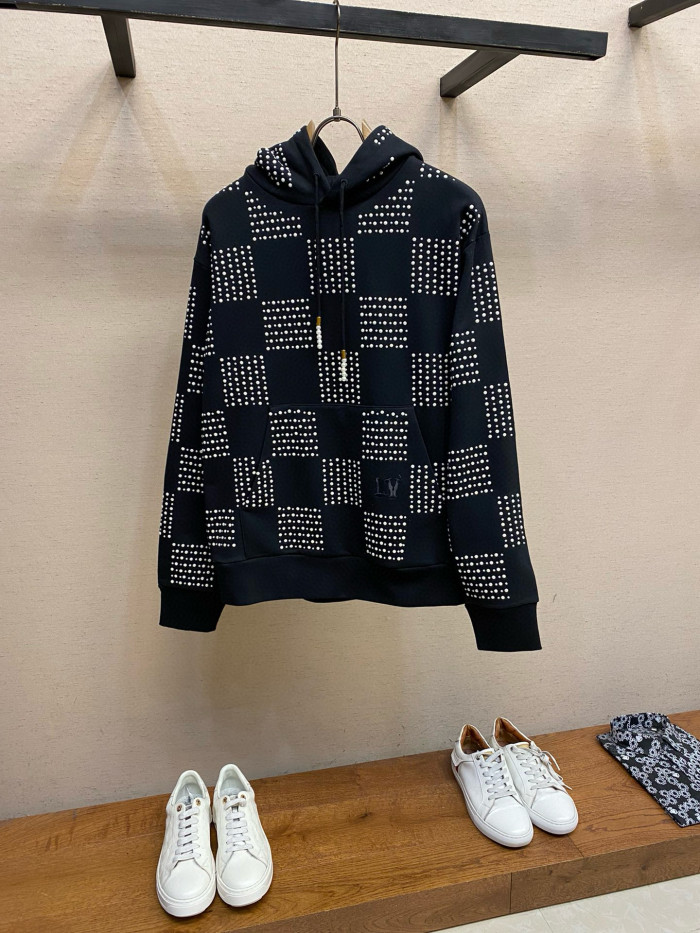 NIGO Louis Vuitton Men's Autumn/Winter Full Width Pearl Checkerboard Fleece Hooded Sweatshirt Pullover #nigo97833