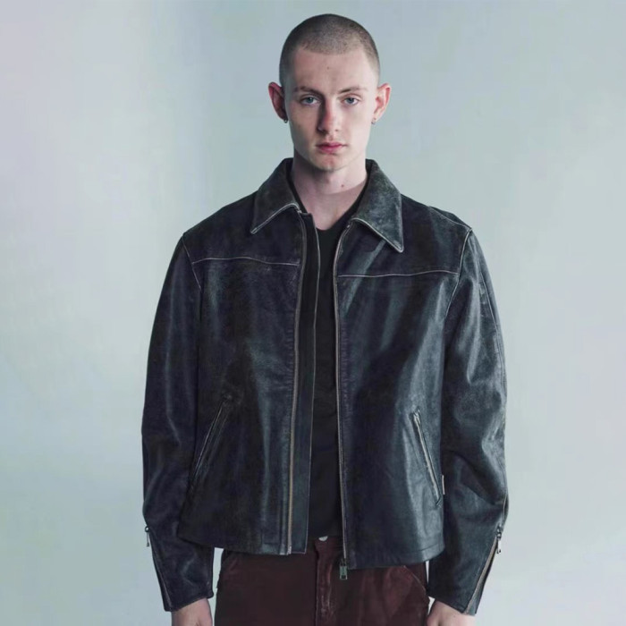 NIGO Enfants Riches Deprimes Men's Fall/Winter Lapel Pocket Zipper Black Printed Fitted Vintage Fashion Long Sleeve Leather Sleep Sound Collared RacerJacket Ngvp #nigo7564