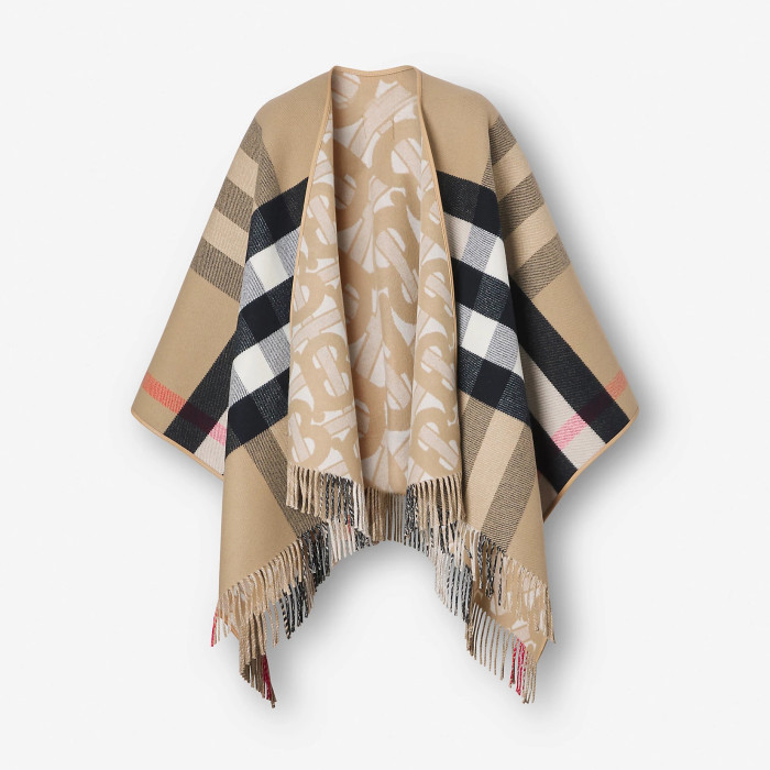 NIGO Burberry Women's Winter Reversible Khaki Wool Blend Shawl Poncho Cape #nigo97847