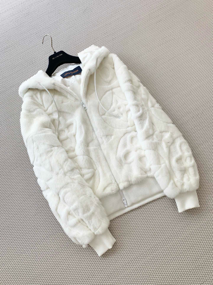 NIGO Louis Vuitton Men's And Women's Aged Shearling Embossed Craft Velvet Mink Pure White Zip Jacket #nigo97838