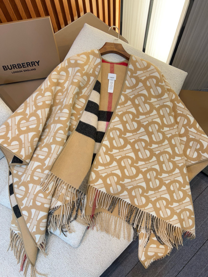 NIGO Burberry Women's Winter Reversible Khaki Wool Blend Shawl Poncho Cape #nigo97847