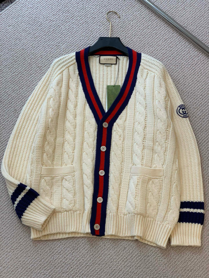 NIGO Gucci Men's Beige Colour Block Stripe V-Neck Single Breasted Long Sleeve Knitted Cardigan #nigo97871