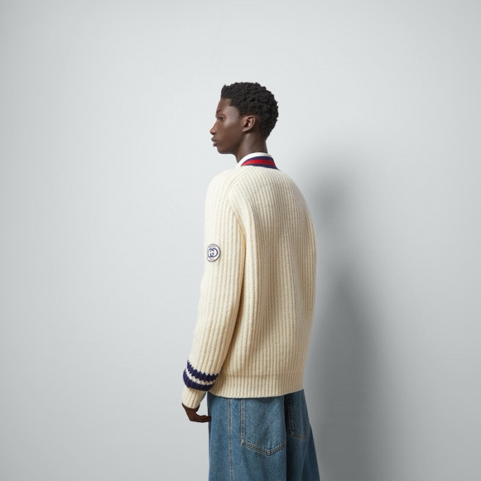 NIGO Gucci Men's Beige Colour Block Stripe V-Neck Single Breasted Long Sleeve Knitted Cardigan #nigo97871