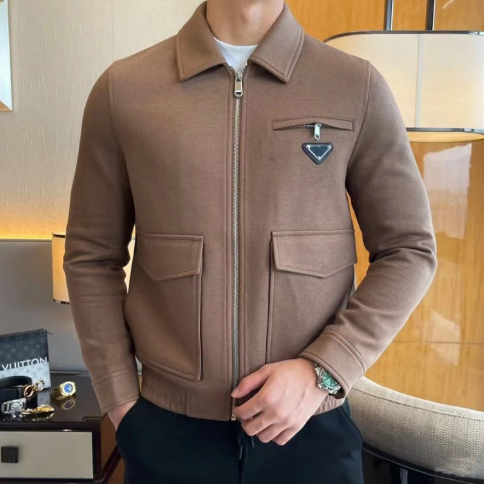 NIGO Prada Men's Autumn/Winter Inverted Triangle Logo Sheep Wool Lapel Zip Up Long Sleeve Jacket #nigo97881