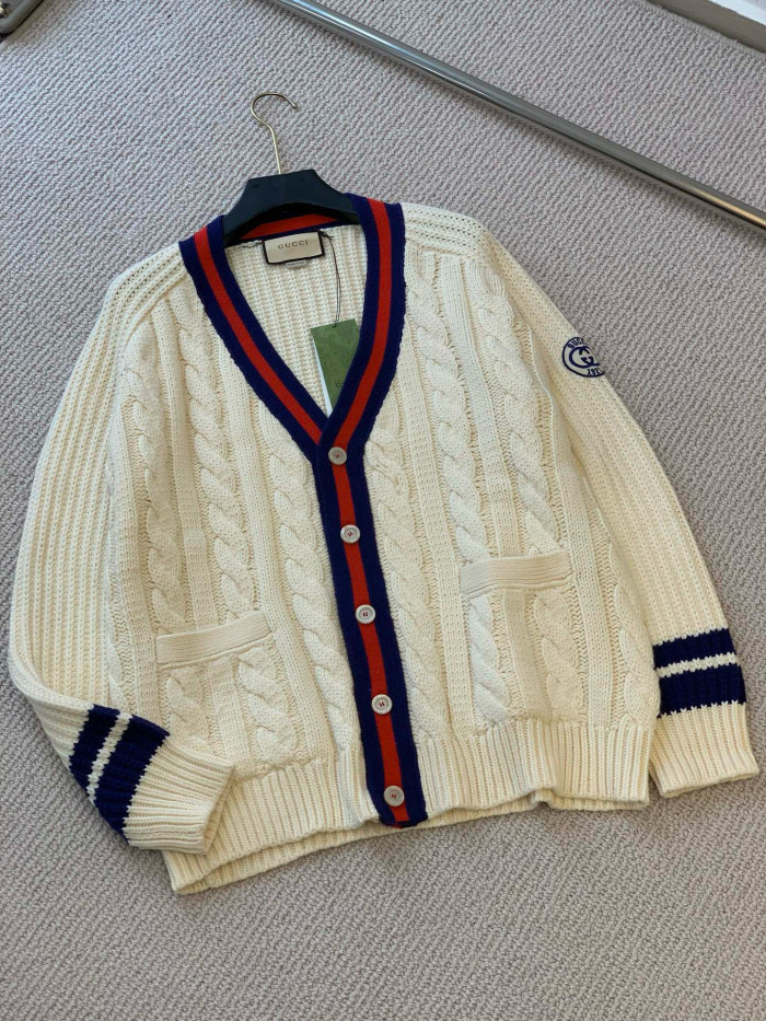 NIGO Gucci Men's Beige Colour Block Stripe V-Neck Single Breasted Long Sleeve Knitted Cardigan #nigo97871