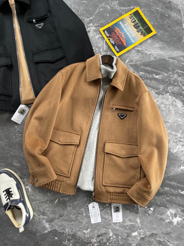 NIGO Prada Men's Autumn/Winter Inverted Triangle Logo Sheep Wool Lapel Zip Up Long Sleeve Jacket #nigo97881