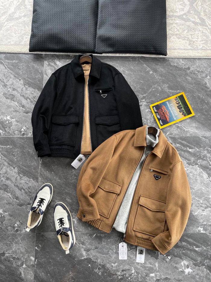 NIGO Prada Men's Autumn/Winter Inverted Triangle Logo Sheep Wool Lapel Zip Up Long Sleeve Jacket #nigo97881