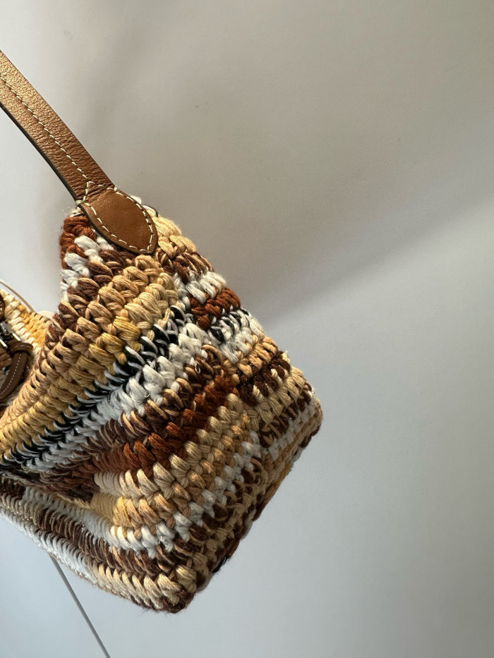 NIGO MiuMiu Ladies Brown Embroidered Engraved Logo Crochet Leather Handle Shoulder Underarm Tote Bag Bags #nigo97874