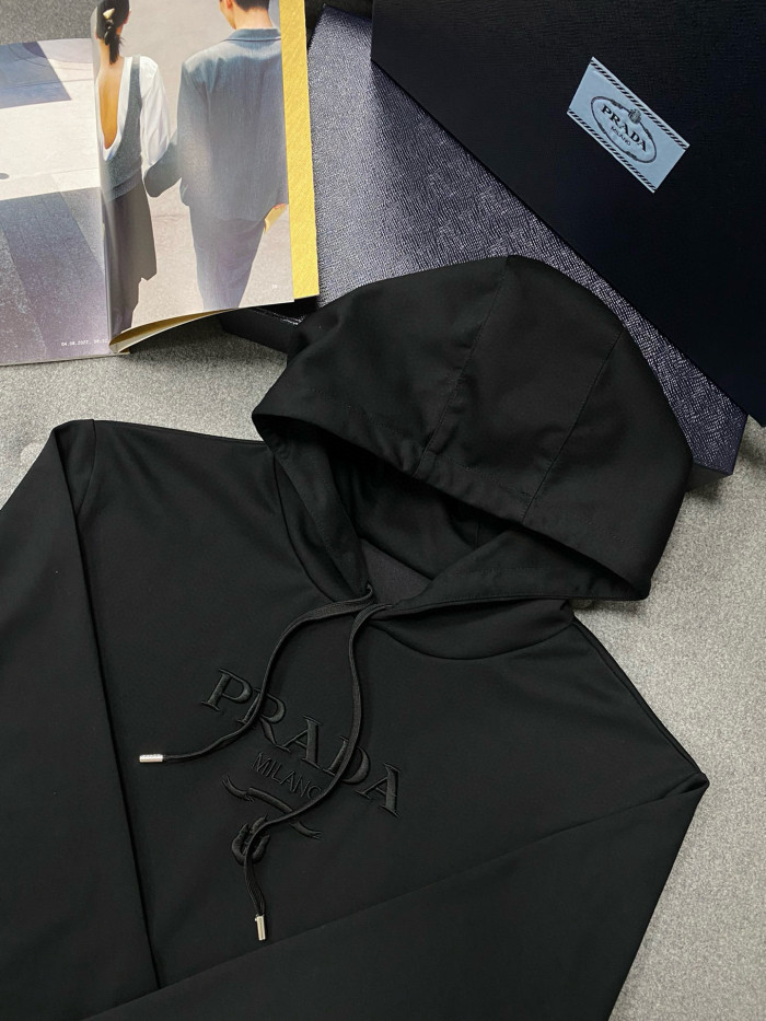 NIGO Prada Men's Autumn/Winter Black and White Embroidered Logo Drawstring Cotton Hooded Sweatshirt Pullover #nigo97749
