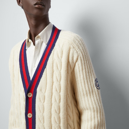 NIGO Gucci Men's Beige Colour Block Stripe V-Neck Single Breasted Long Sleeve Knitted Cardigan #nigo97871