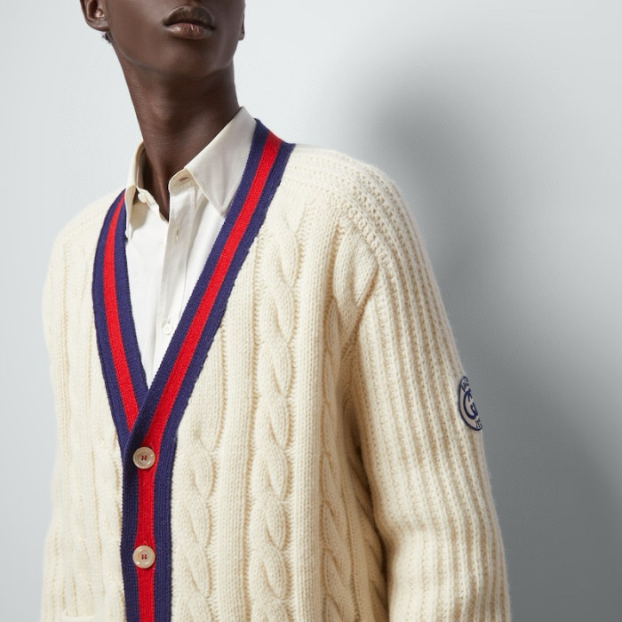 NIGO Gucci Men's Beige Colour Block Stripe V-Neck Single Breasted Long Sleeve Knitted Cardigan #nigo97871