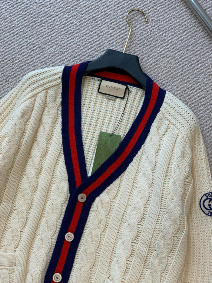 NIGO Gucci Men's Beige Colour Block Stripe V-Neck Single Breasted Long Sleeve Knitted Cardigan #nigo97871