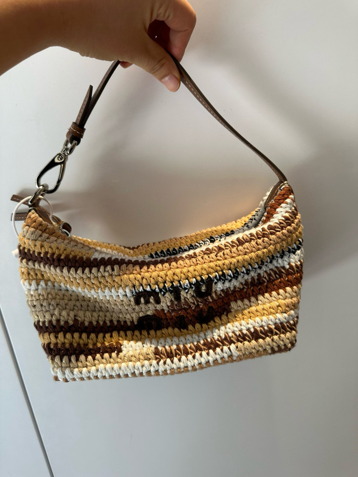 NIGO MiuMiu Ladies Brown Embroidered Engraved Logo Crochet Leather Handle Shoulder Underarm Tote Bag Bags #nigo97874