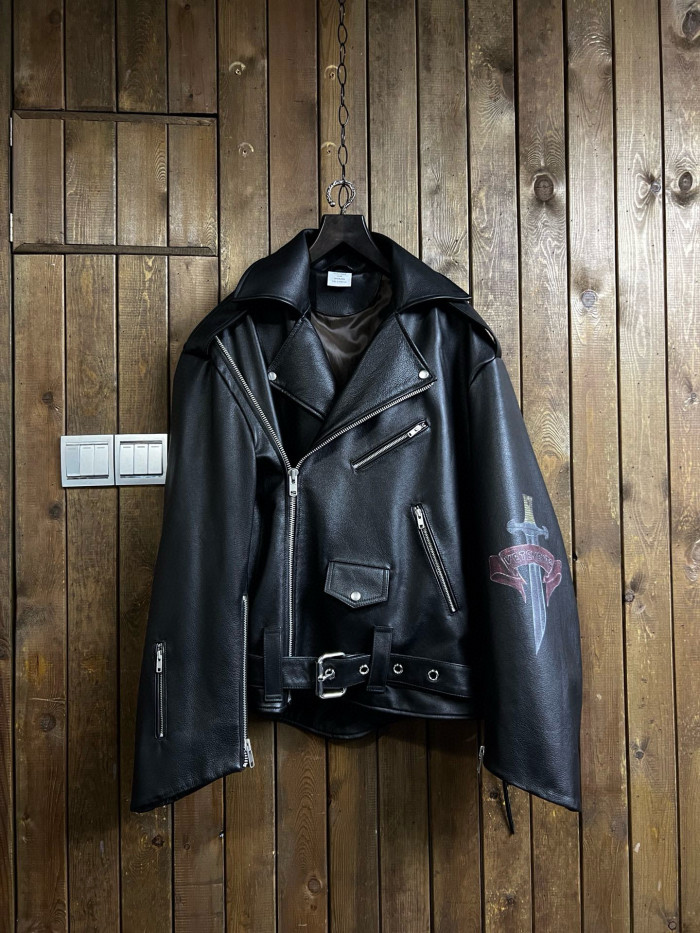 NIGO Vetements 16aw Scorpio Men's Fall/Winter Black Graffiti Printed Biker Multi-Zip Leather Jacket #nigo97922