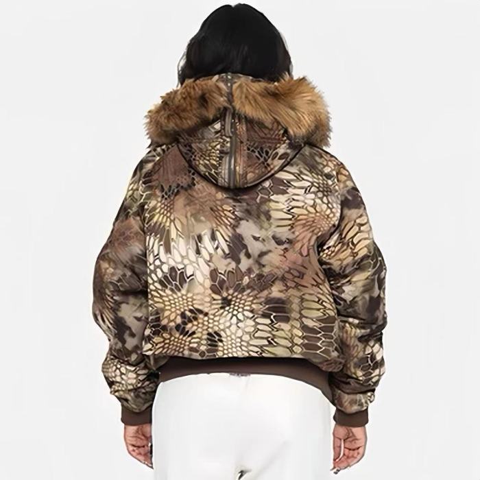NIGO Stussy Men's And Women's Fall And Winter Fashion Python Print Hooded Fur Collar Short Jacket Casual Thickened Jacket Ngvp #nigo7653