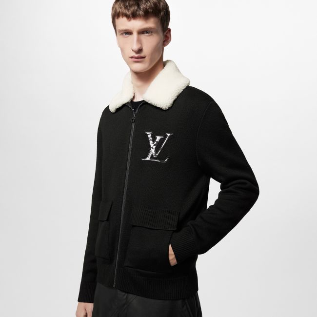 NIGO Louis Vuitton Men's Fall/Winter Wool Blouson With Shearling Collar Black Logo Pattern Jacquard Lapel Sheep Zipper Jacket #nigo98114