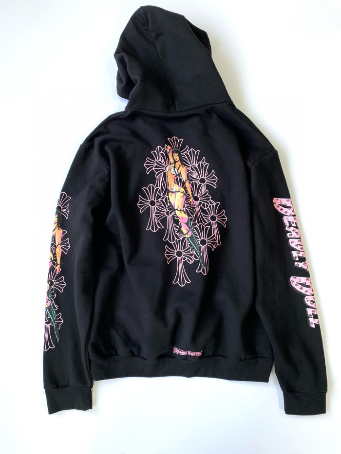 NIGO Chrome Hearts Men's Fall/Winter Fan Cross Graffiti Print Black Hooded Zipper Jacket #nigo97956
