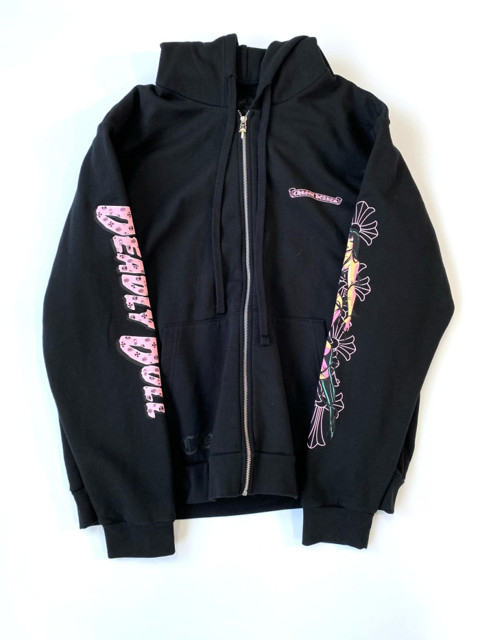 NIGO Chrome Hearts Men's Fall/Winter Fan Cross Graffiti Print Black Hooded Zipper Jacket #nigo97956