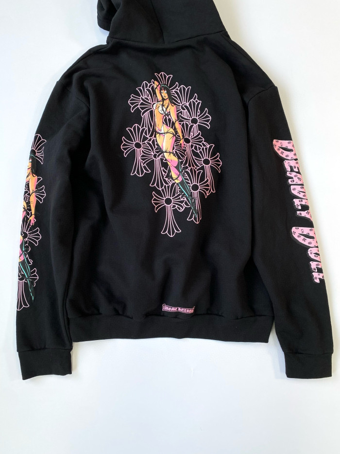 NIGO Chrome Hearts Men's Fall/Winter Fan Cross Graffiti Print Black Hooded Zipper Jacket #nigo97956