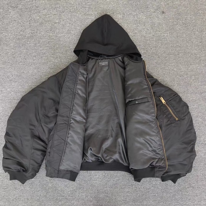 NIGO Balenciaga Men's Winter Black Nylon Embroidered Logo Hooded Pilot Zipper Long Sleeve Jacket #nigo98145