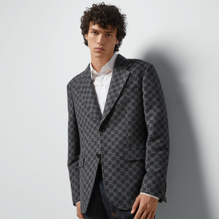 NIGO Gucci GG Flannel Men's Dark Gray Spring and Autumn Logo Full Printed Pattern Lapel Single Breasted Long Sleeve Jacket #nigo98143