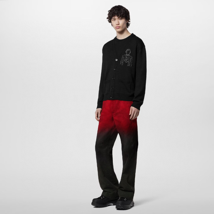 NIGO Louis Vuitton Men's Fall/Winter Black and Red Gradient Embroidered Logo Patterns Straight Leg Jeans Pants #nigo98169