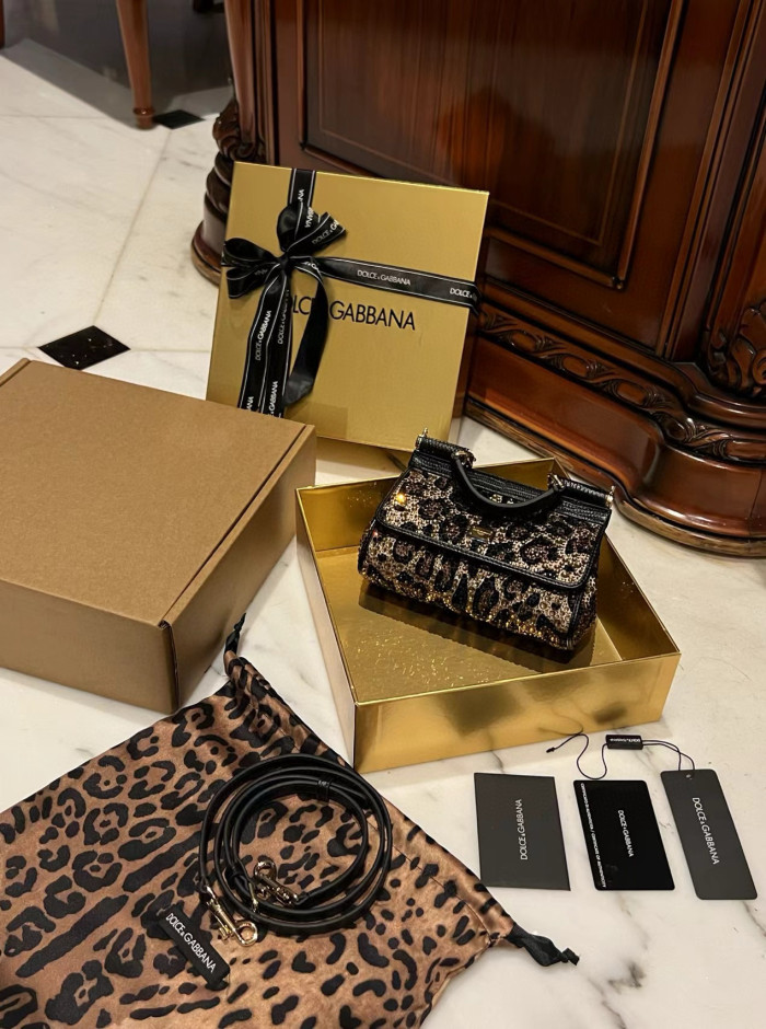 NIGO Dolce&Gabbana Women's BlingBling Sicily Leopard Print Rhinestone Leather Handbag Bag Bags #nigo98167