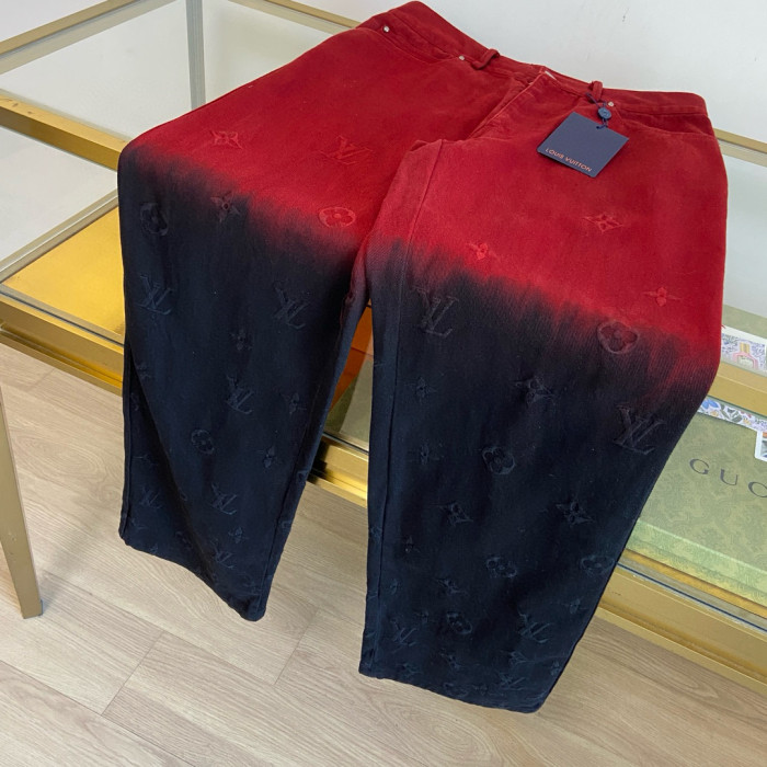 NIGO Louis Vuitton Men's Fall/Winter Black and Red Gradient Embroidered Logo Patterns Straight Leg Jeans Pants #nigo98169