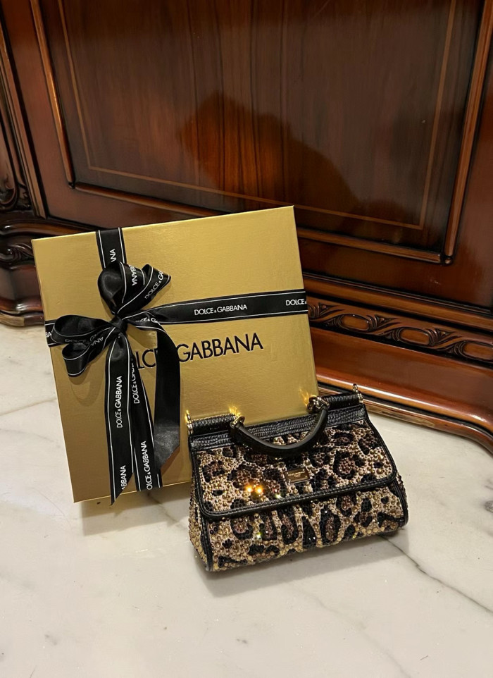 NIGO Dolce&Gabbana Women's BlingBling Sicily Leopard Print Rhinestone Leather Handbag Bag Bags #nigo98167