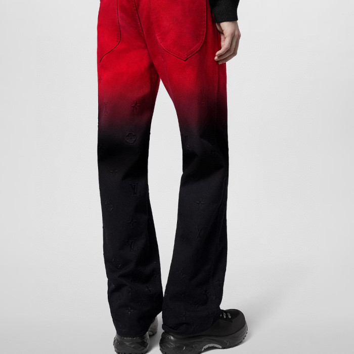 NIGO Louis Vuitton Men's Fall/Winter Black and Red Gradient Embroidered Logo Patterns Straight Leg Jeans Pants #nigo98169