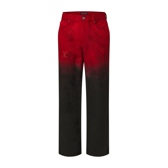 NIGO Louis Vuitton Men's Fall/Winter Black and Red Gradient Embroidered Logo Patterns Straight Leg Jeans Pants #nigo98169