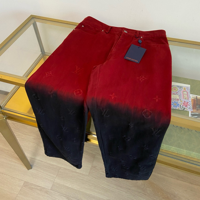 NIGO Louis Vuitton Men's Fall/Winter Black and Red Gradient Embroidered Logo Patterns Straight Leg Jeans Pants #nigo98169