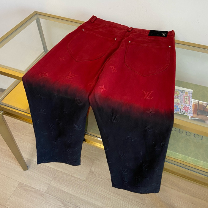 NIGO Louis Vuitton Men's Fall/Winter Black and Red Gradient Embroidered Logo Patterns Straight Leg Jeans Pants #nigo98169