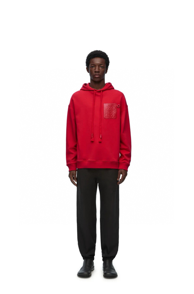 NIGO Loewe Men's Spring and Fall Red Logo Leather Label Drawstring Hooded Sweatshirt Pullover #nigo98218
