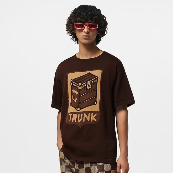 NIGO Louis Vuitton Men's Summer Brown Casual Short Sleeve Cotton Loose Intarsia Crewneck T-shirt #nigo98224