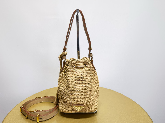 NIGO Prada Women's Logo Embroidered Adjustable Detachable Shoulder Strap Lafite Grass Patchwork Leather Bucket Bag Mini Handheld One Shoulder Crossbody Bag #nigo98284