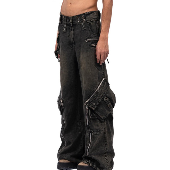 NIGO No Faith Studios Men's Solid Color Zipper Logo Embroidered Washed Jeans Loose Fit Work Pants Ngvp #nigo7771