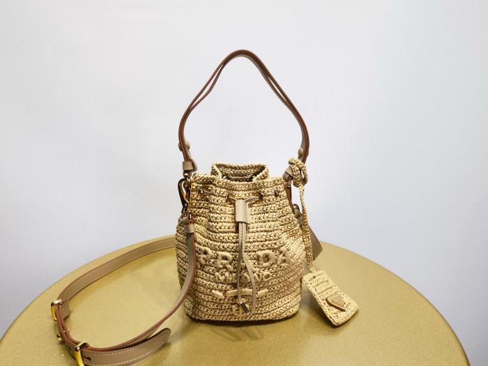 NIGO Prada Women's Logo Embroidered Adjustable Detachable Shoulder Strap Lafite Grass Patchwork Leather Bucket Bag Mini Handheld One Shoulder Crossbody Bag #nigo98284