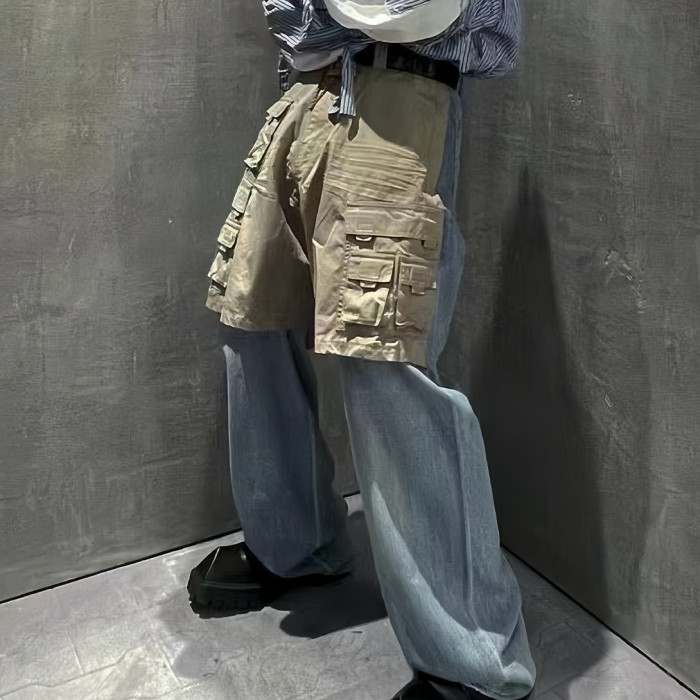 NIGO Balenciaga Men's Blue Spring & Fall Multi-Pocket Workwear Patchwork Fake Two Piece Straight Leg Denim Pants Ngvp #nigo7786