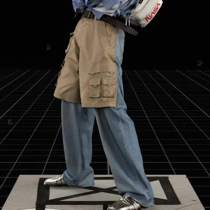 NIGO Balenciaga Men's Blue Spring & Fall Multi-Pocket Workwear Patchwork Fake Two Piece Straight Leg Denim Pants Ngvp #nigo7786