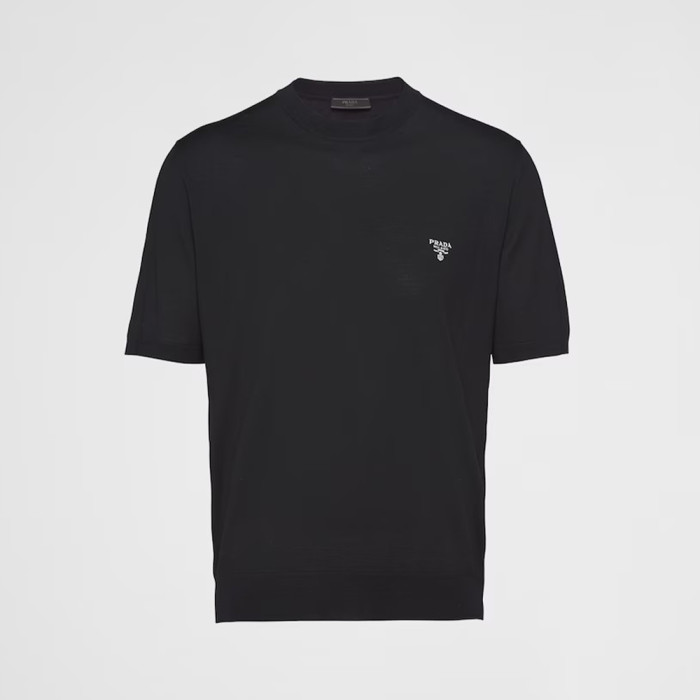 NIGO Prada Men's Spring/Summer Solid Color Logo Embroidery Superfine Wool Crew Neck Short Sleeve Sweater #nigo98319