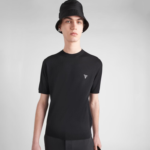 NIGO Prada Men's Spring/Summer Solid Color Logo Embroidery Superfine Wool Crew Neck Short Sleeve Sweater #nigo98319