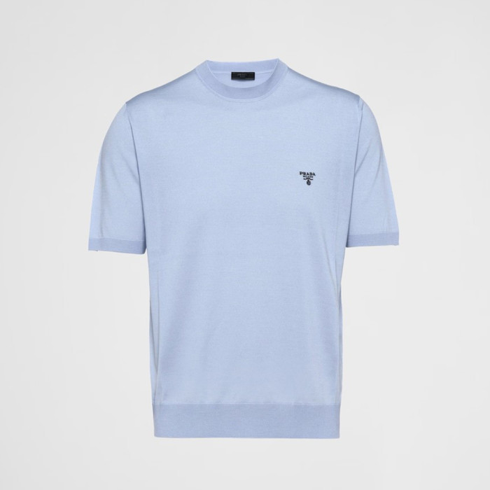 NIGO Prada Men's Spring/Summer Solid Color Logo Embroidery Superfine Wool Crew Neck Short Sleeve Sweater #nigo98319