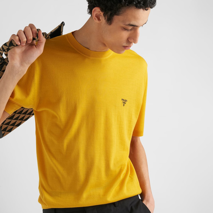 NIGO Prada Men's Spring/Summer Solid Color Logo Embroidery Superfine Wool Crew Neck Short Sleeve Sweater #nigo98319