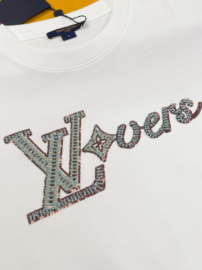 NIGO Louis Vuitton Men's Summer Logo Beaded Embroidery White Cotton Round Neck Short Sleeve T-Shirt #nigo98378