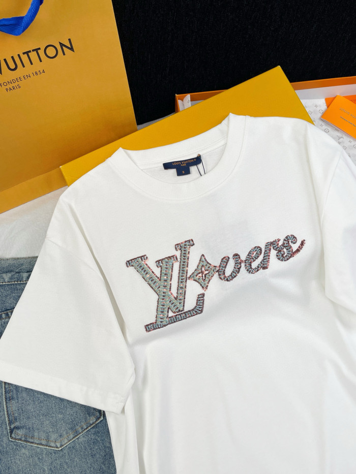NIGO Louis Vuitton Men's Summer Logo Beaded Embroidery White Cotton Round Neck Short Sleeve T-Shirt #nigo98378